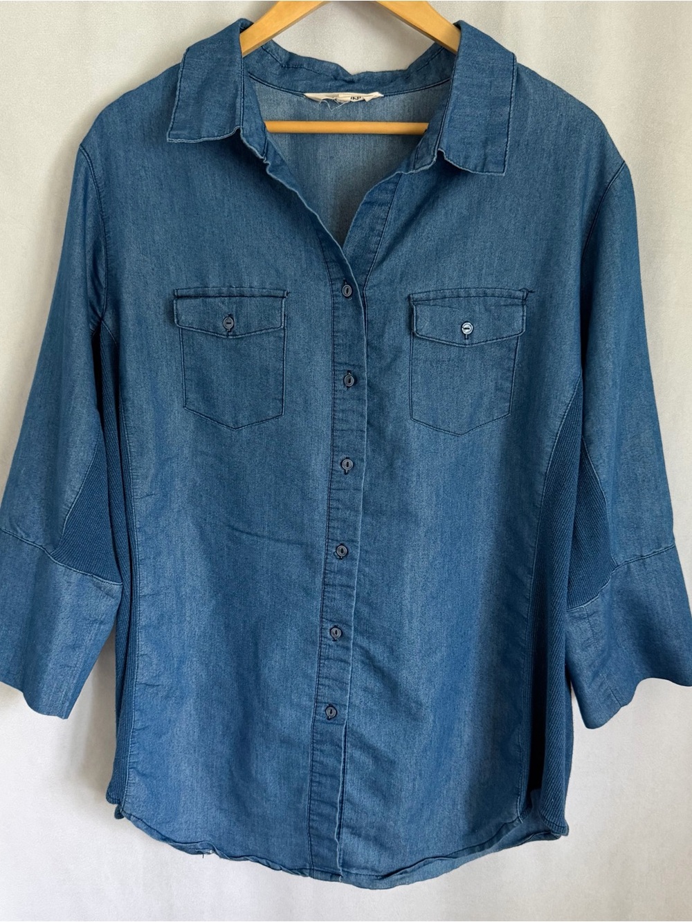 Cavalini Button Up Shirt Womens 2X Plus Chambray Roll Tab Sleeve Tunic Stretch